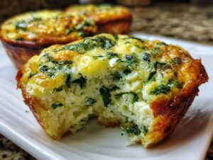 A close-up of a Cottage Cheese Egg Cup With Spinach & Feta, with a bite taken out, showing the fluffy interior and green spinach flecks.