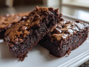 Close-up of two rich chocolate Cottage Cheese Microwave Brownies topped with chocolate chips.