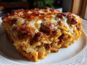 A delicious slice of creamy baked spaghetti casserole with melted cheese and a rich meat sauce.