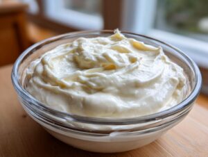 A close-up of a glass bowl filled with creamy garlic aioli, showing its smooth texture.
