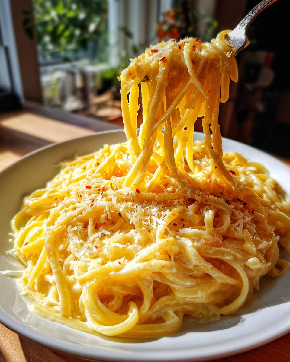A fork lifts a swirl of creamy lemon pasta, topped with grated Parmesan and red pepper flakes.