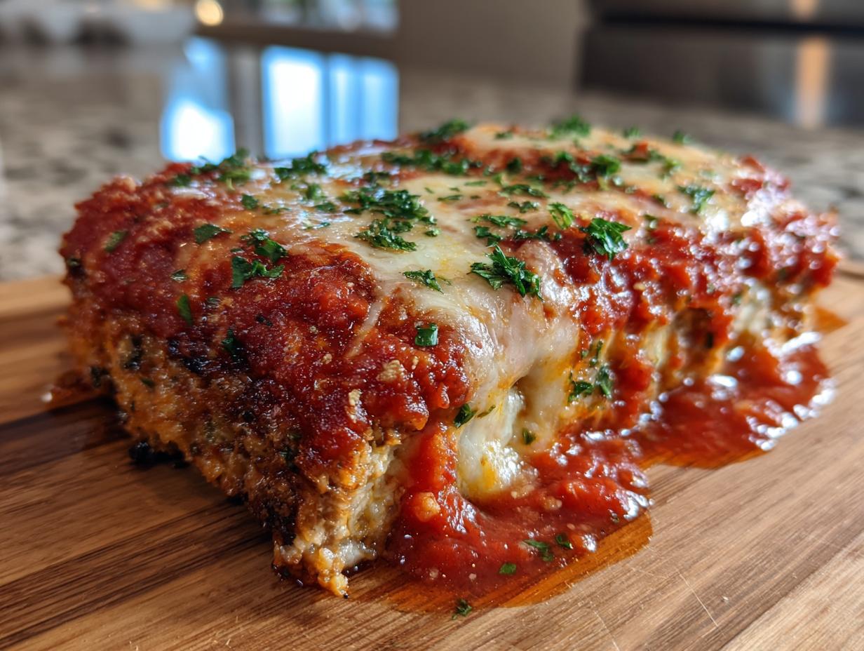 A close-up shot of a delicious slice of crispy eggplant parmesan, topped with marinara sauce and melted cheese.