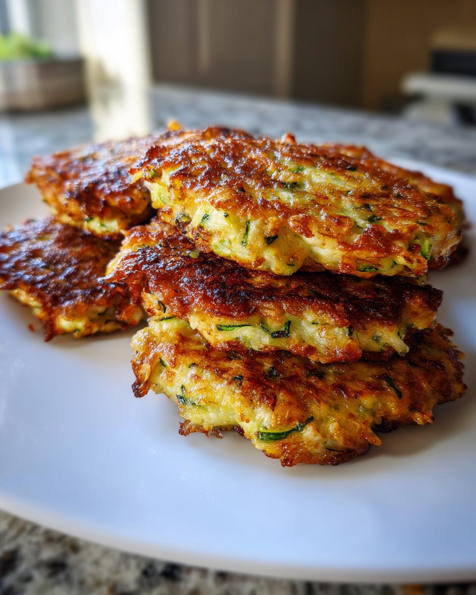 A stack of golden-brown, crispy zucchini fritters on a white plate, showcasing their texture.