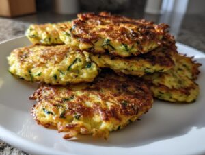 A stack of golden-brown zucchini fritters with visible shredded zucchini and herbs, served on a white plate.