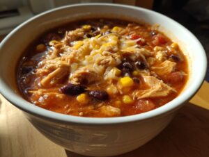 Close-up of a bowl of Crockpot Chicken Enchilada Soup topped with melted cheese, black beans, and corn.