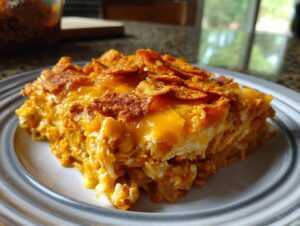 A close-up of a generous slice of Dorito Casserole, featuring layers of creamy filling, melted cheddar cheese, and a crunchy Dorito topping.