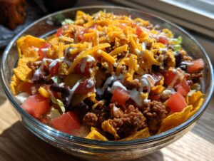 A close-up of a glass bowl filled with Dorito Taco Salad, featuring seasoned ground beef, black beans, tomatoes, cheese, lettuce, and a drizzle of sour cream.