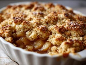 A close-up, slightly angled view of a freshly baked apple crumble in a white baking dish, featuring a golden-brown, crumbly topping over tender baked apples.