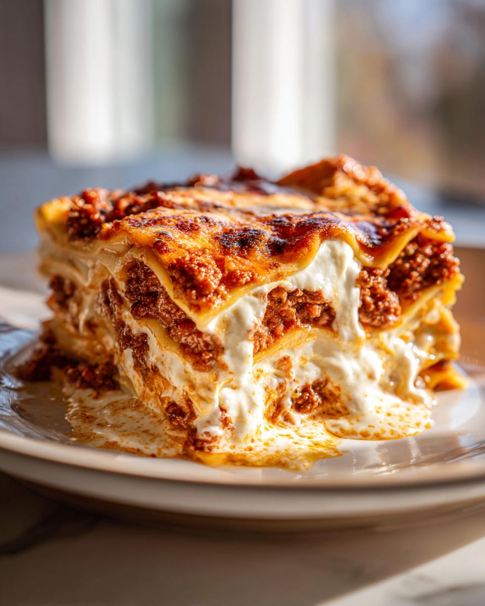 A generous slice of easy lasagna with ricotta, showing layers of pasta, rich meat sauce, and creamy ricotta cheese.