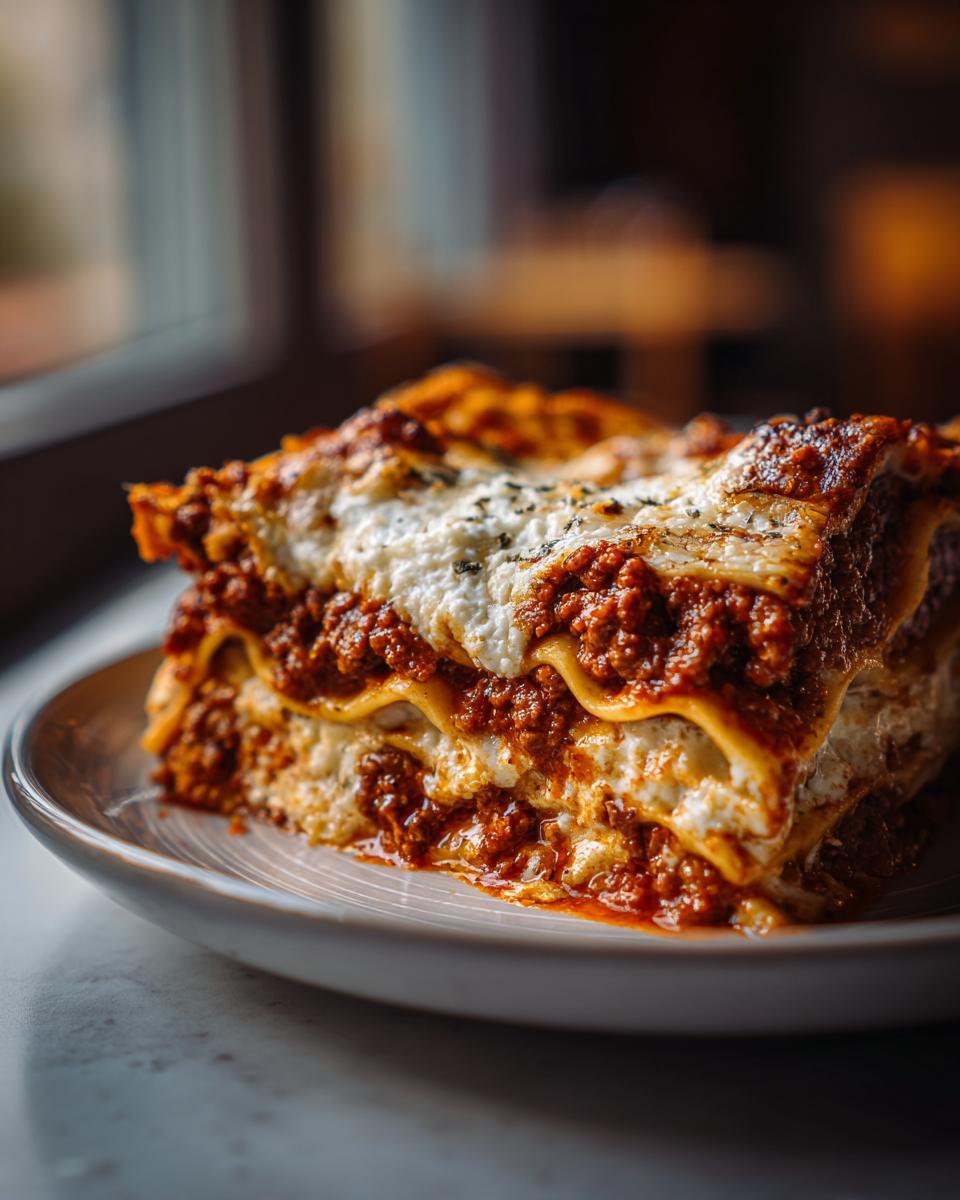 A thick slice of easy lasagna with ricotta, featuring layers of pasta, rich meat sauce, and creamy ricotta cheese.