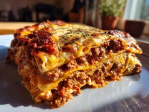 A delicious slice of easy lasagna with ricotta, featuring layers of pasta, meat sauce, and melted cheese.