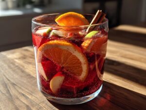 A close-up of a glass filled with red fall sangria, featuring orange slices, apples, lime, and a cinnamon stick.