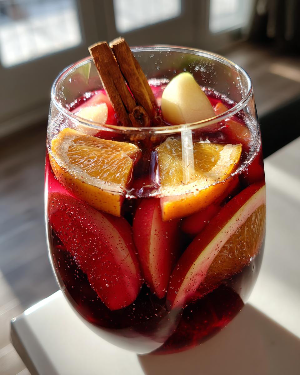 Close-up of a glass filled with fall sangria, featuring slices of orange, apple, and cinnamon sticks.