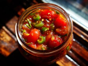 Top-down view of a glass jar filled with vibrant fresh tomato canned salsa, featuring whole cherry tomatoes and sliced jalapeños.