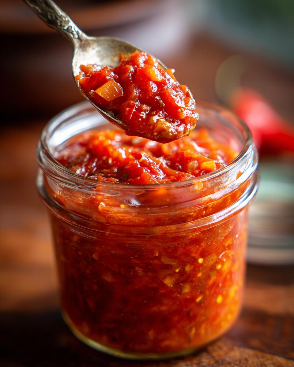 A close-up of a jar filled with fresh tomato canned salsa, with a spoonful of salsa being lifted out.