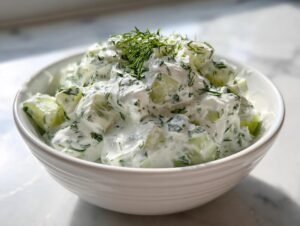 A close-up of creamy Tzatziki sauce with visible chunks of cucumber and fresh dill, served in a white bowl.