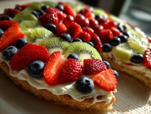 A close-up of a fruit pizza sugar cookie topped with cream cheese frosting, strawberries, blueberries, and kiwi.