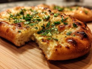 Close-up of a piece of fluffy garlic naan bread, brushed with melted butter and sprinkled with fresh parsley.