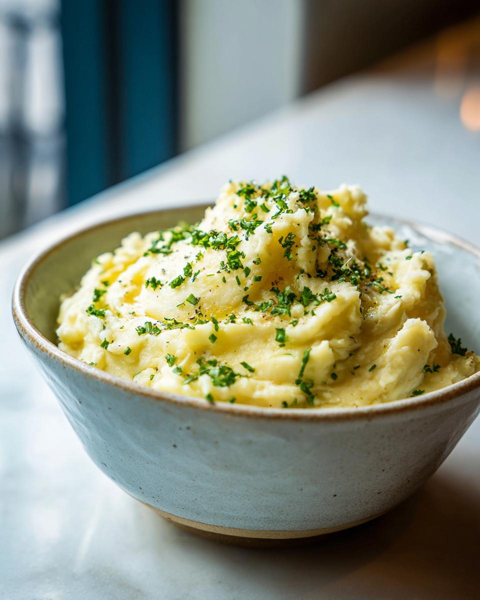 A close-up of a bowl of creamy garlic parmesan mashed potatoes, topped with fresh parsley.