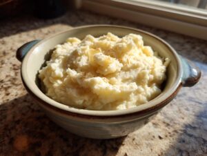A bowl of creamy garlic parmesan mashed potatoes, topped with a sprinkle of herbs.