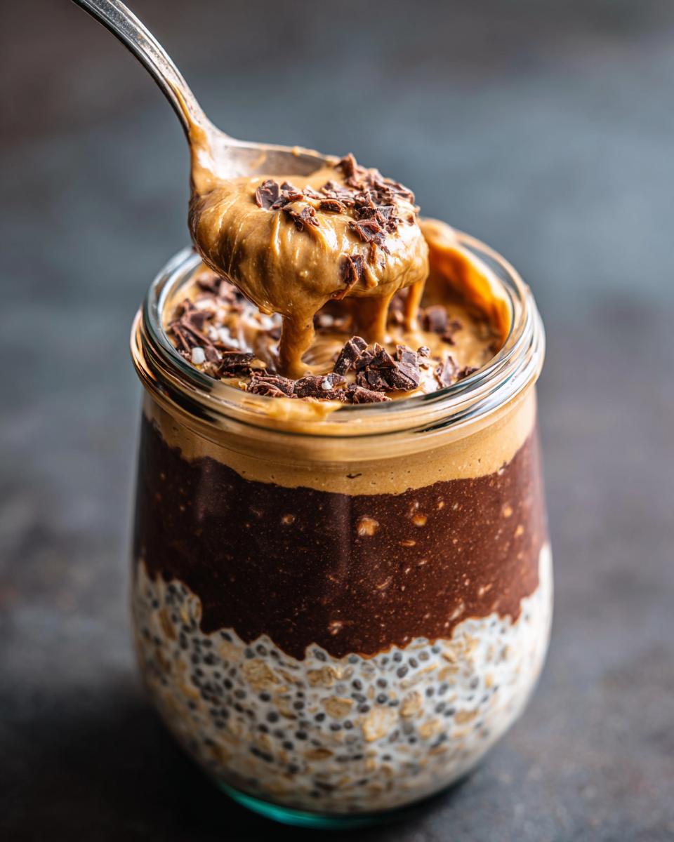 A spoonful of creamy peanut butter with chocolate shavings being scooped from a jar of high protein overnight oats.