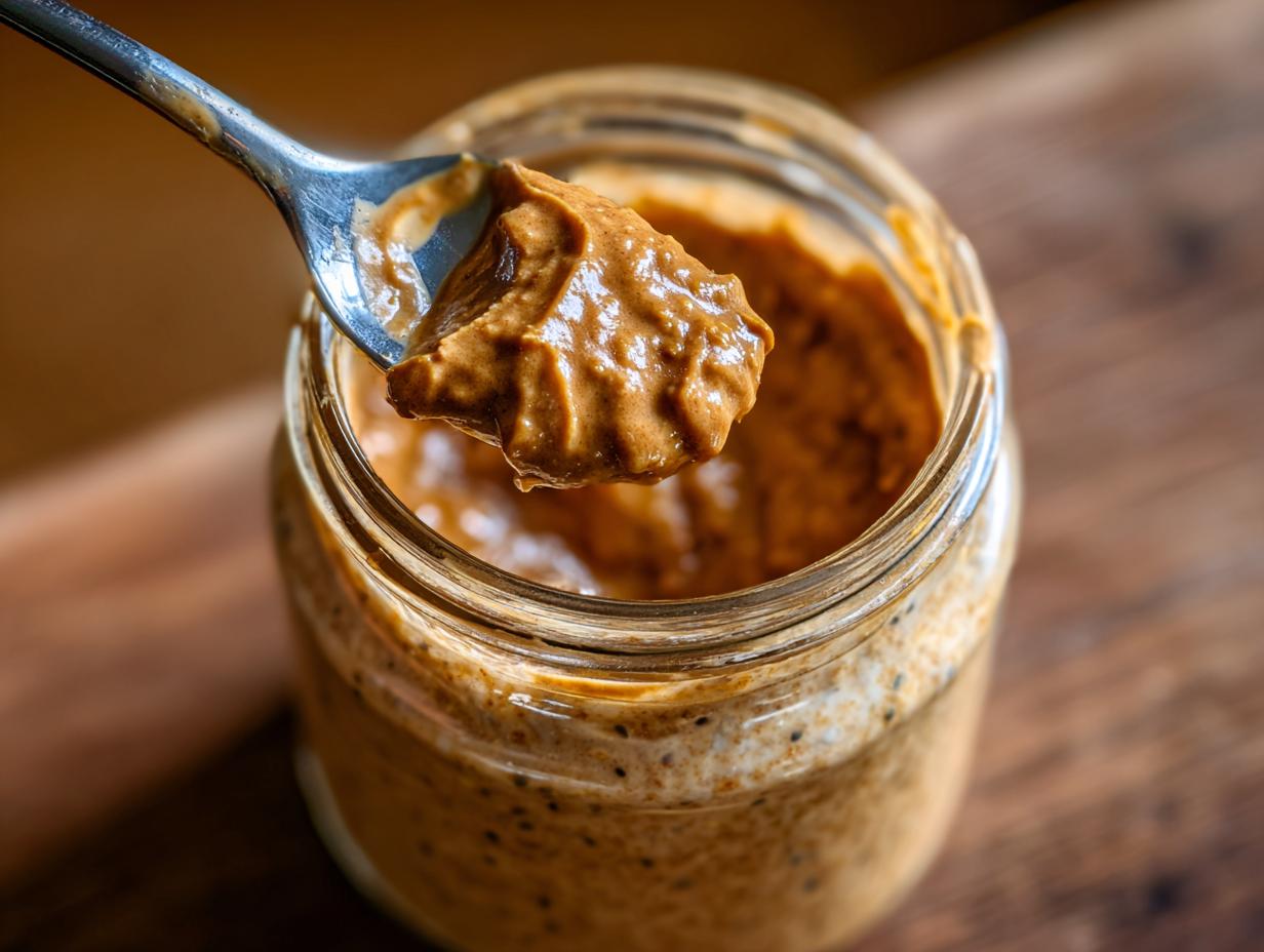 A spoonful of creamy peanut butter scooped from a jar of high protein overnight oats.