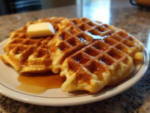 Close-up of golden brown high protein waffles topped with a pat of butter and drizzled with syrup.