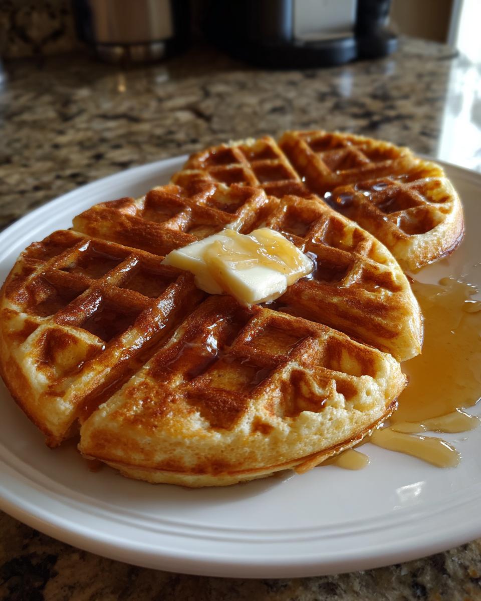 Close-up of two golden-brown high protein waffles topped with a pat of butter and drizzled with syrup.