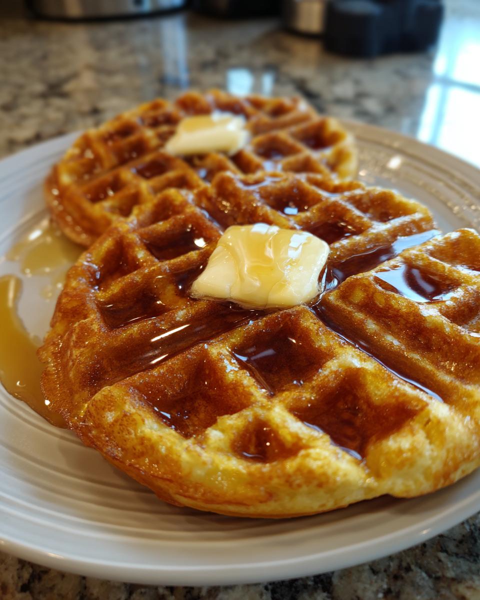 Close-up of two golden-brown high protein waffles topped with melting butter and drizzled with syrup.