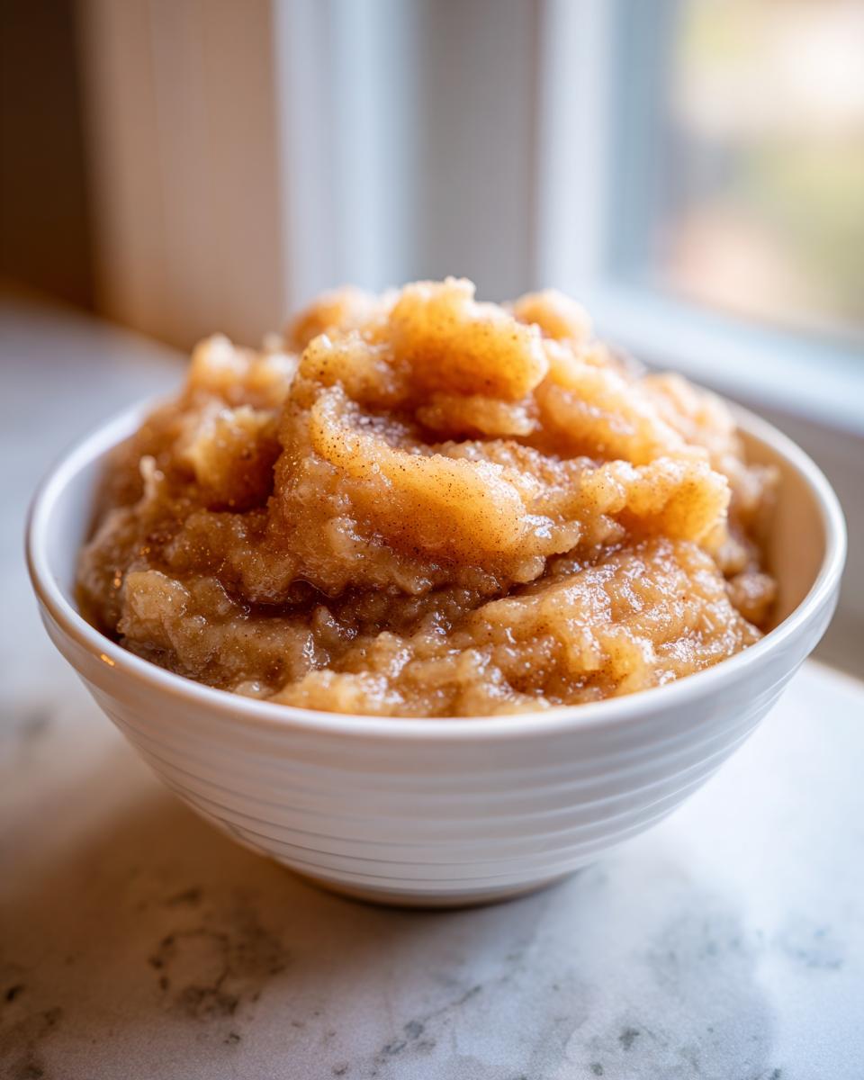 A close-up shot of a white bowl filled with chunky, cinnamon-spiced homemade applesauce.