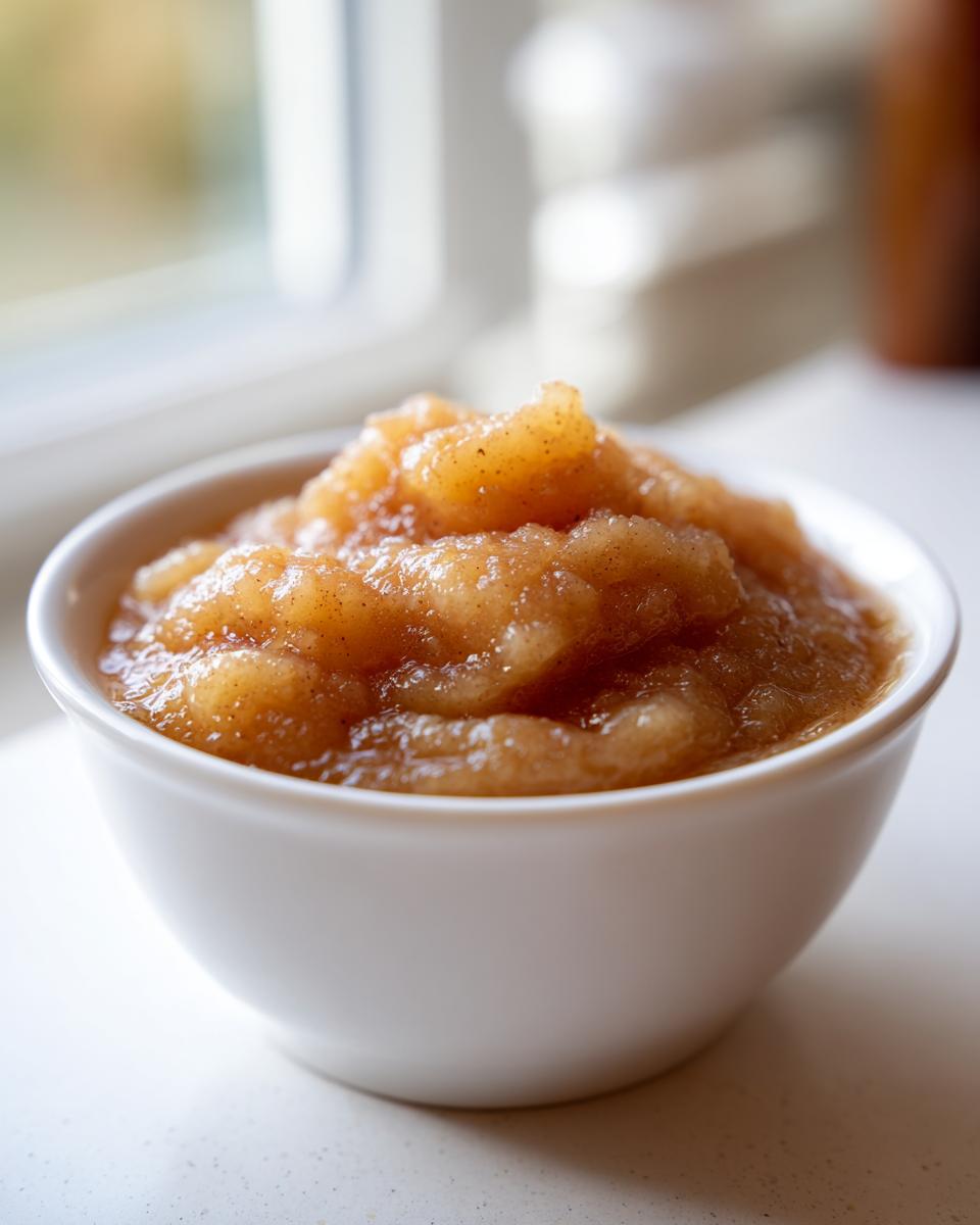 A close-up of a white bowl filled with textured homemade applesauce, lightly spiced with cinnamon.
