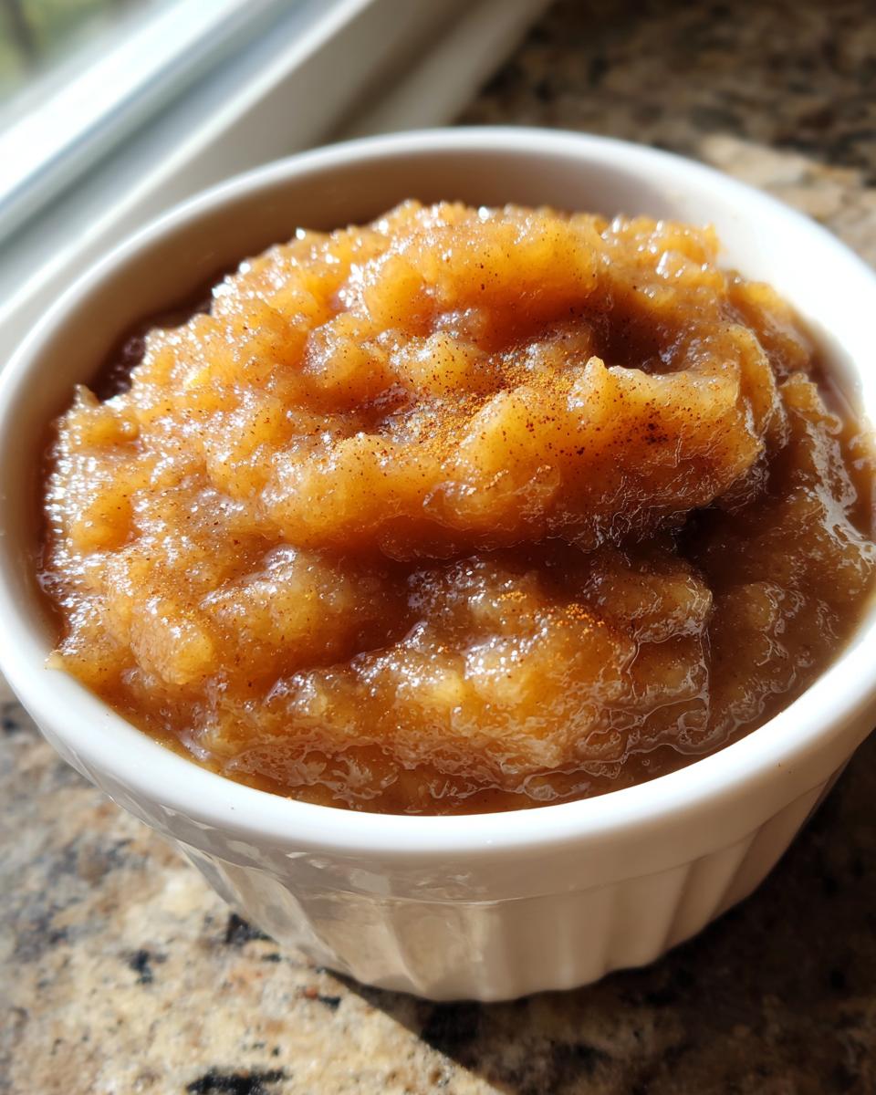 A close-up of a white ramekin filled with chunky, cinnamon-spiced homemade applesauce.