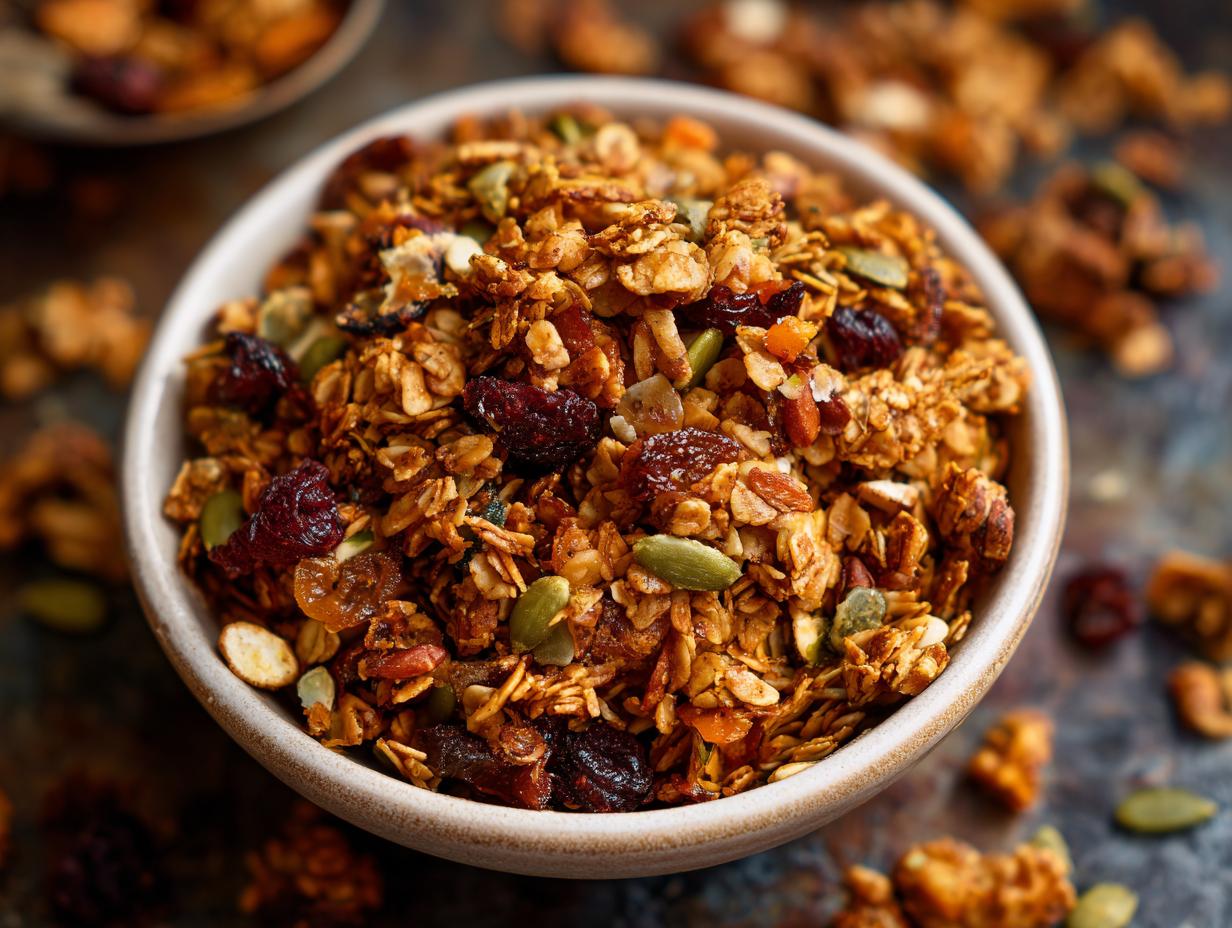 A close-up shot of a bowl filled with delicious homemade granola, featuring oats, dried cranberries, pumpkin seeds, and almonds.