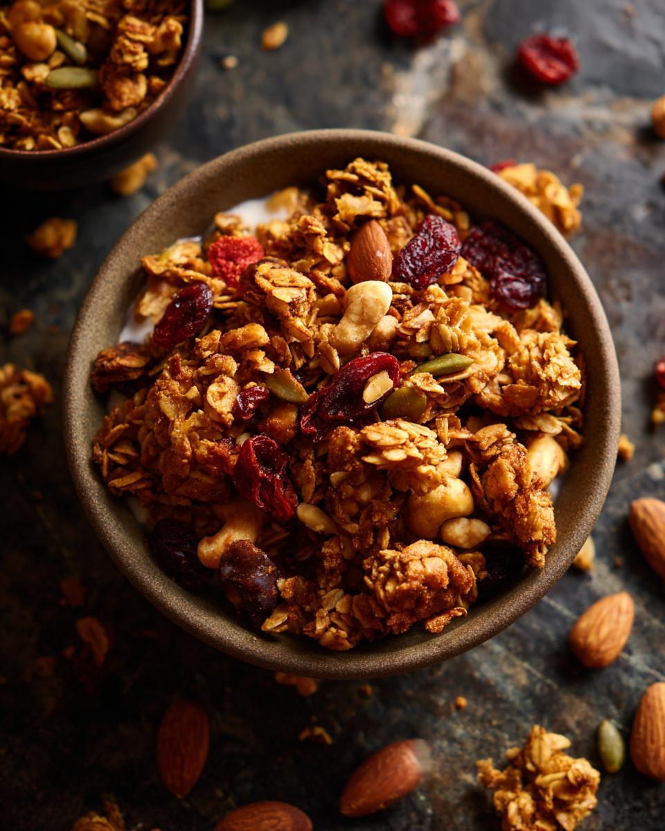 A close-up overhead shot of a bowl filled with homemade granola, featuring oats, almonds, cashews, pumpkin seeds, and dried cranberries.