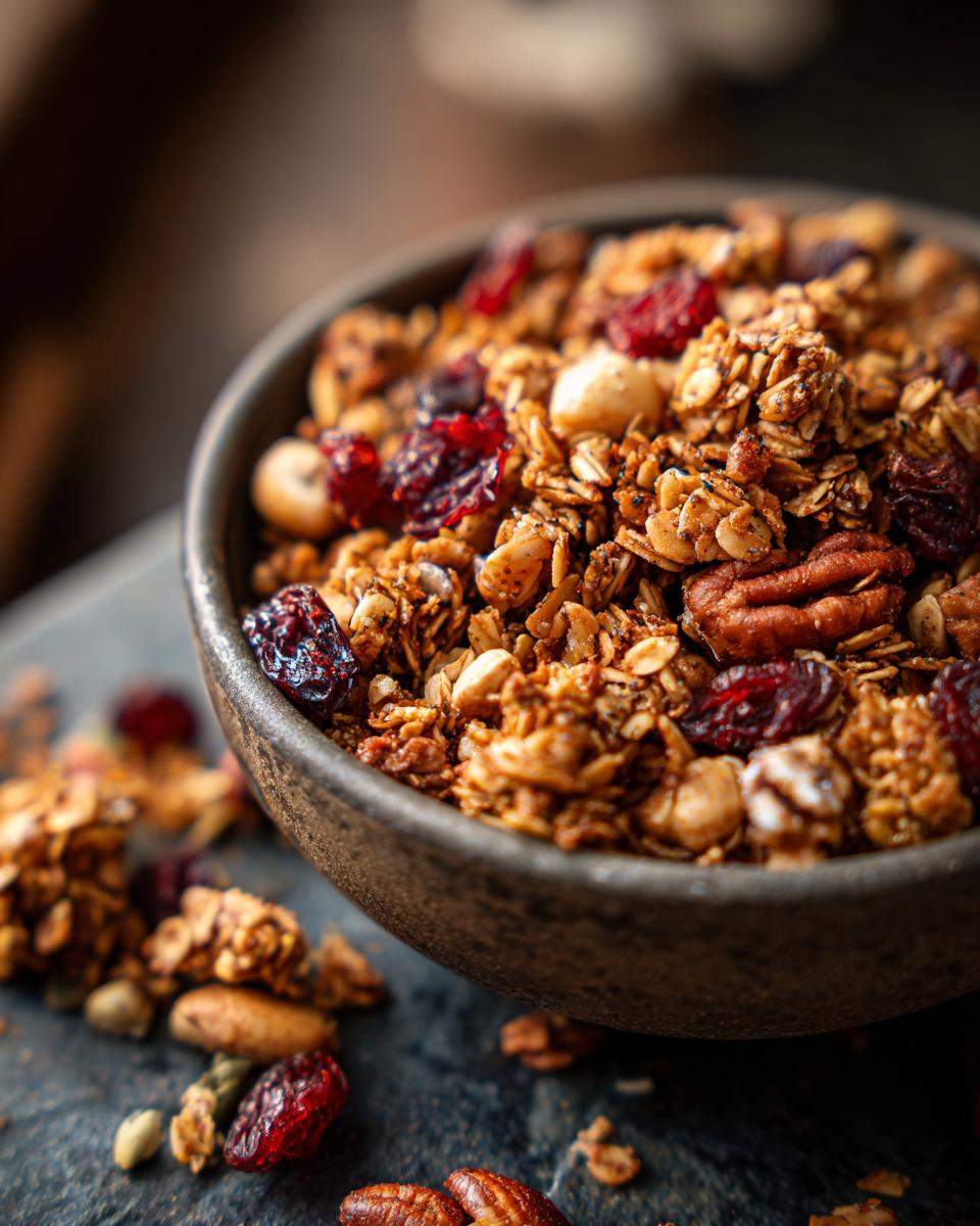 A close-up of a bowl filled with homemade granola, featuring oats, pecans, and dried cranberries.