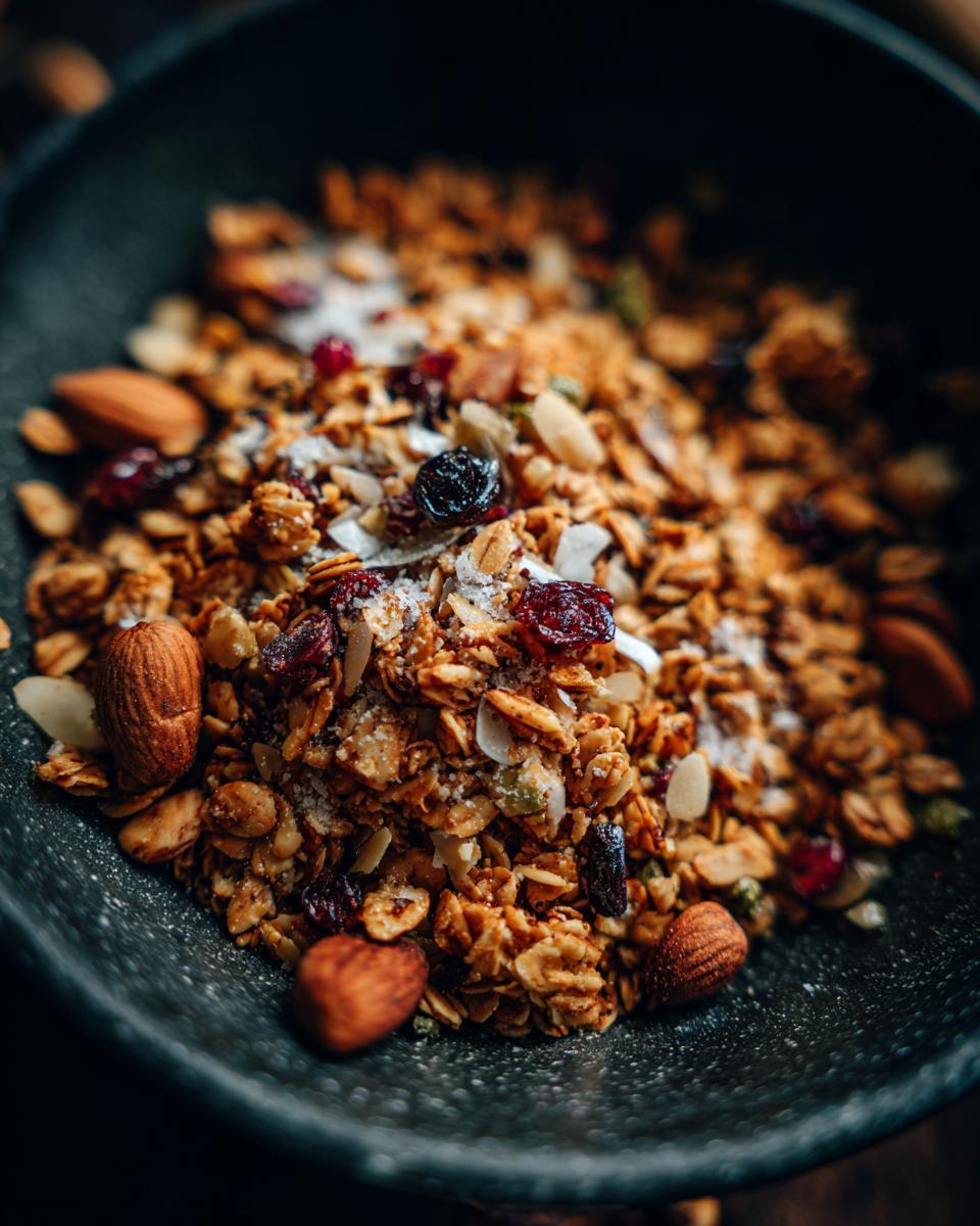 Close-up of a bowl filled with delicious homemade granola, featuring almonds, dried cranberries, raisins, and coconut flakes.