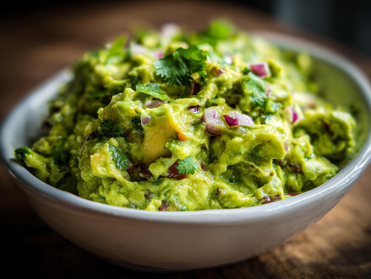 Close-up of a white bowl filled with chunky, vibrant green homemade guacamole, garnished with cilantro and red onion.