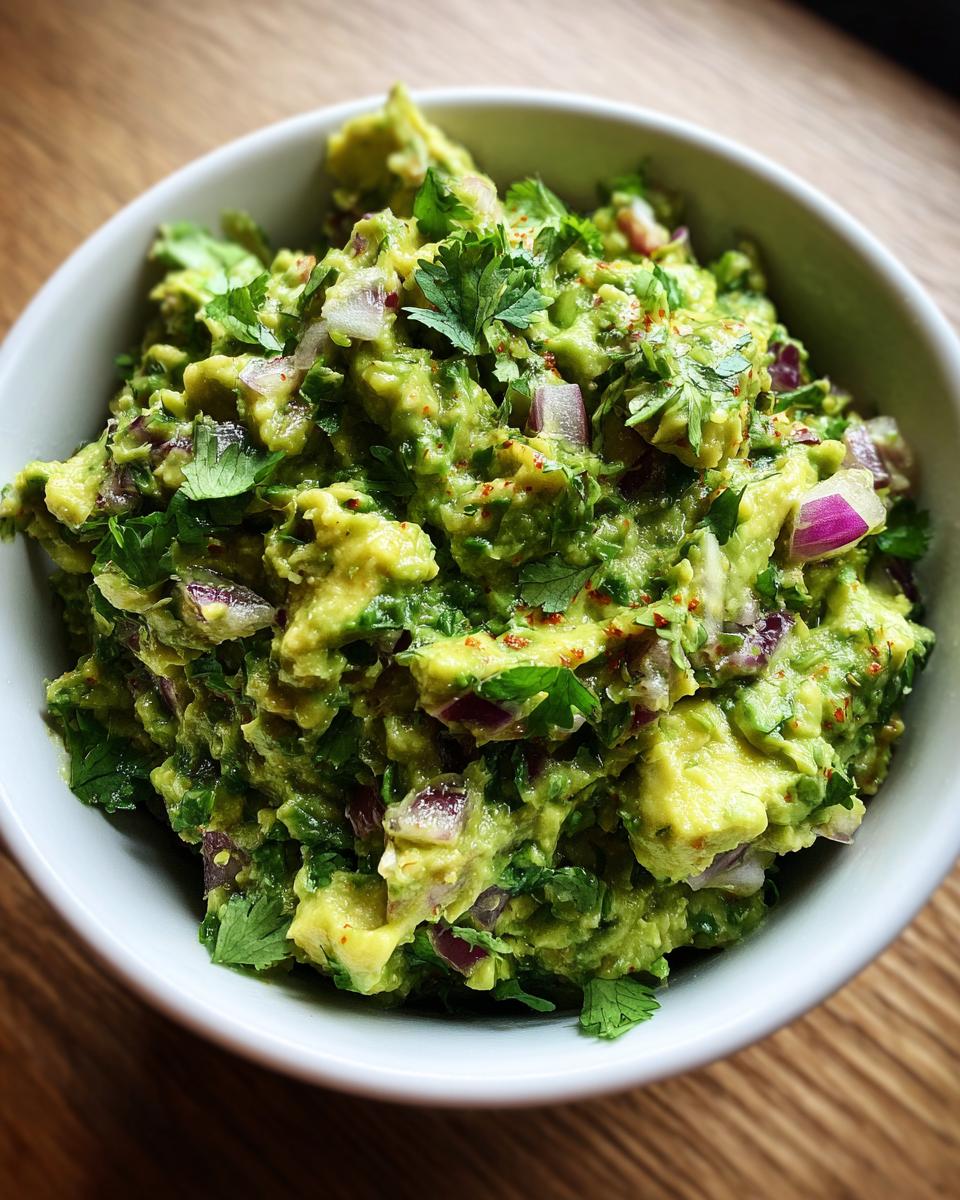 A close-up shot of a bowl filled with vibrant, chunky Homemade Guacamole, featuring fresh cilantro and red onion pieces.