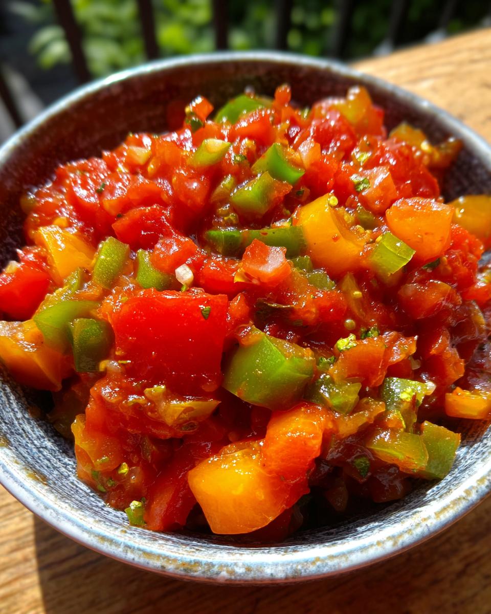 Close-up of a bowl filled with vibrant, chunky homemade salsa featuring tomatoes, green peppers, and orange peppers.