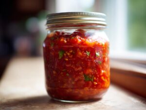 A close-up of a glass jar filled with vibrant homemade tomato salsa, ready for canning.