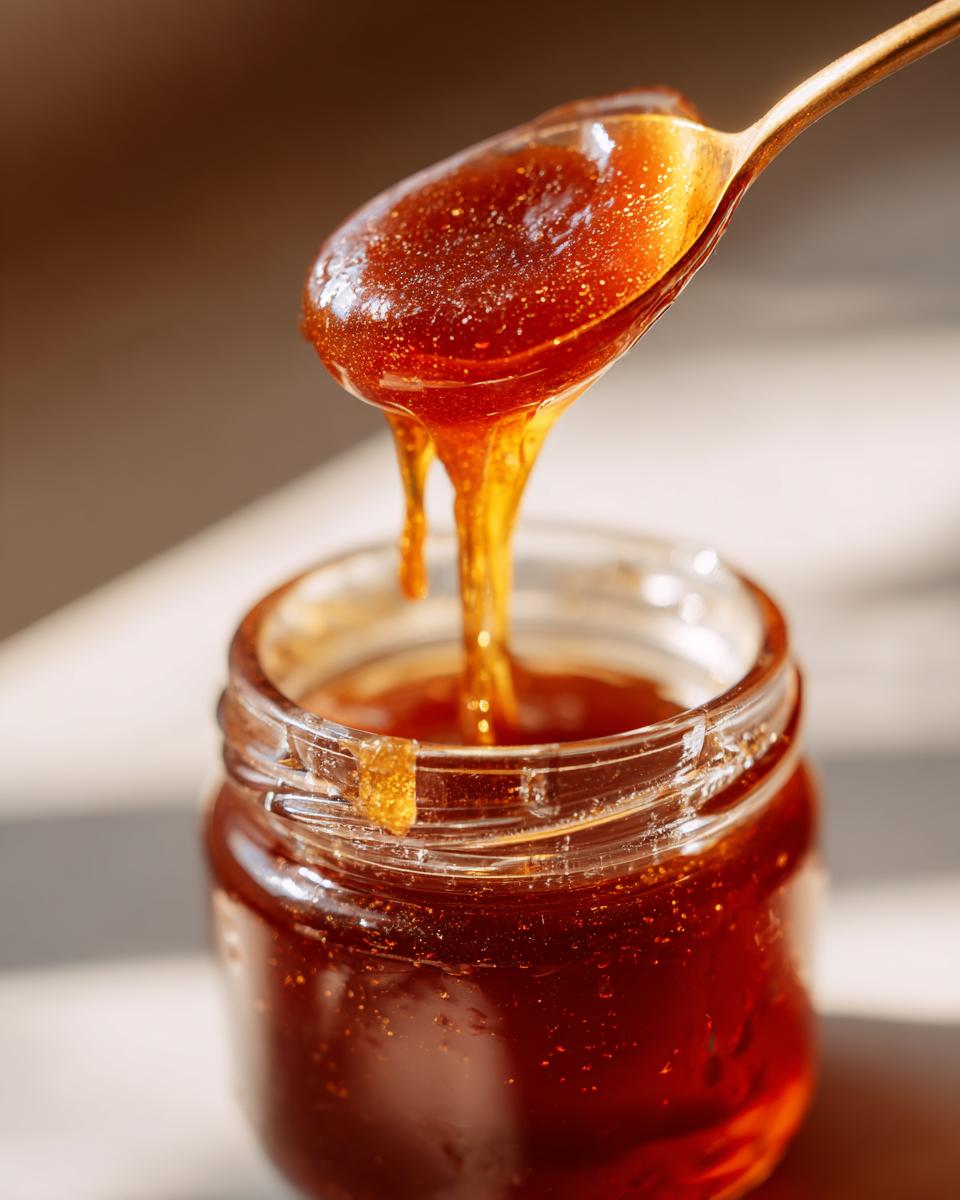 A close-up shot of thick, glossy honey BBQ sauce dripping from a spoon into a glass jar.