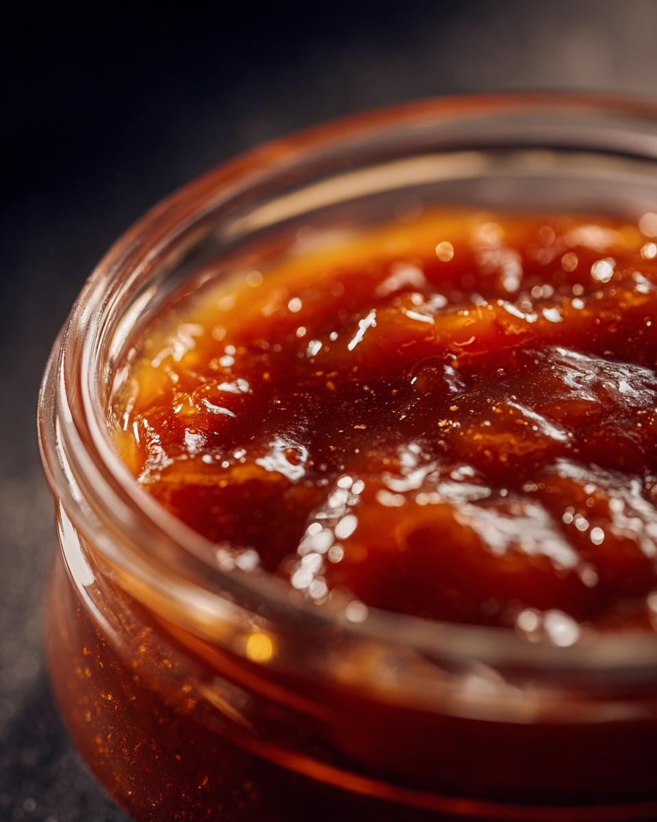 Close-up of rich, glossy honey BBQ sauce in a glass jar, ready to be used.