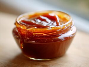 Close-up of a small glass jar filled with thick, glossy honey BBQ sauce, with some dripping down the side.