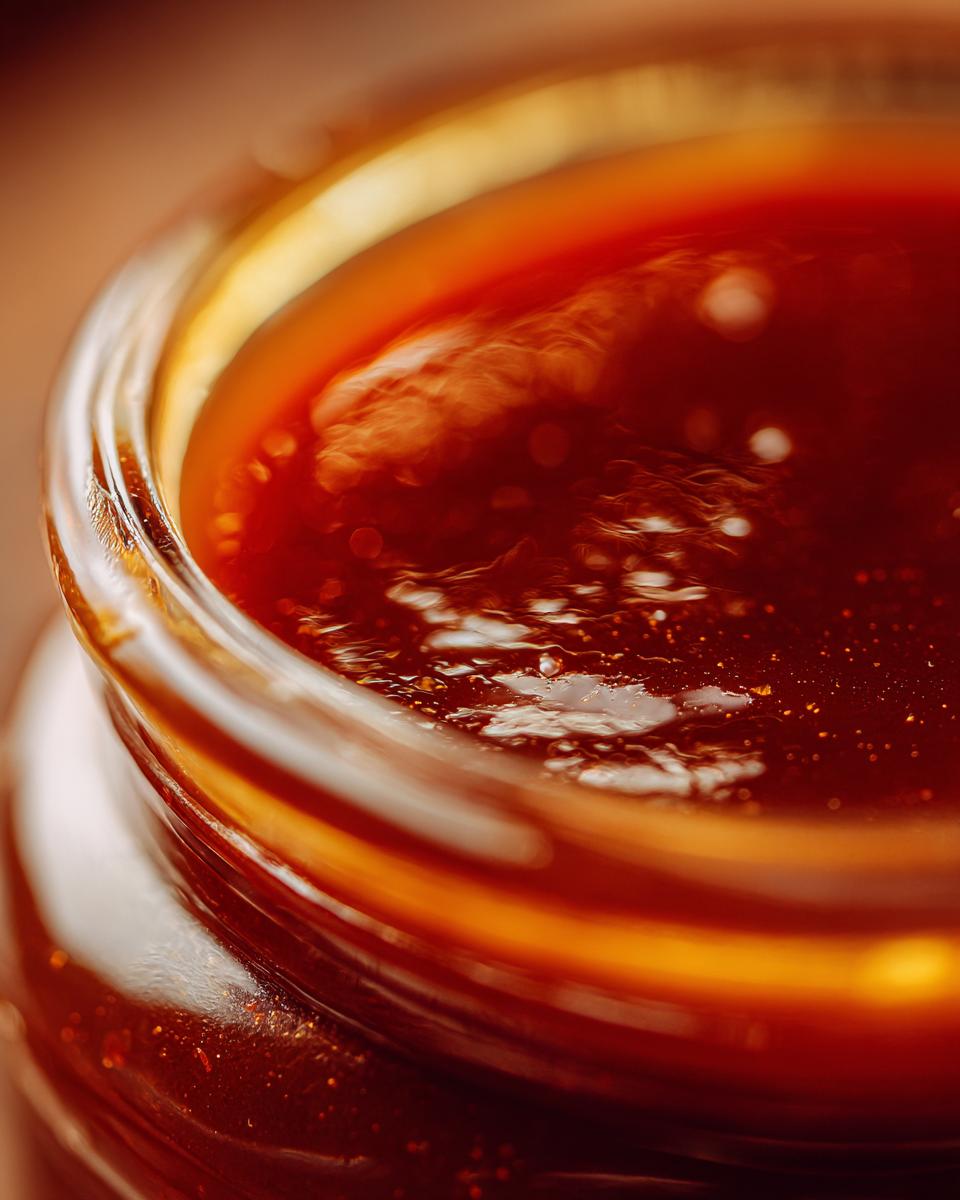A close-up, macro shot of a glass jar filled with glistening, rich honey BBQ sauce.