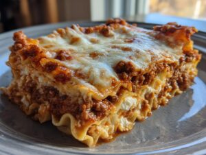 A delicious slice of lasagna with cottage cheese, featuring layers of pasta, meat sauce, and melted cheese.