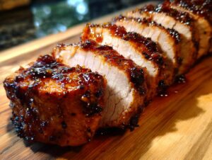 Close-up of sliced maple mustard pork tenderloin, glistening with a rich glaze on a wooden cutting board.