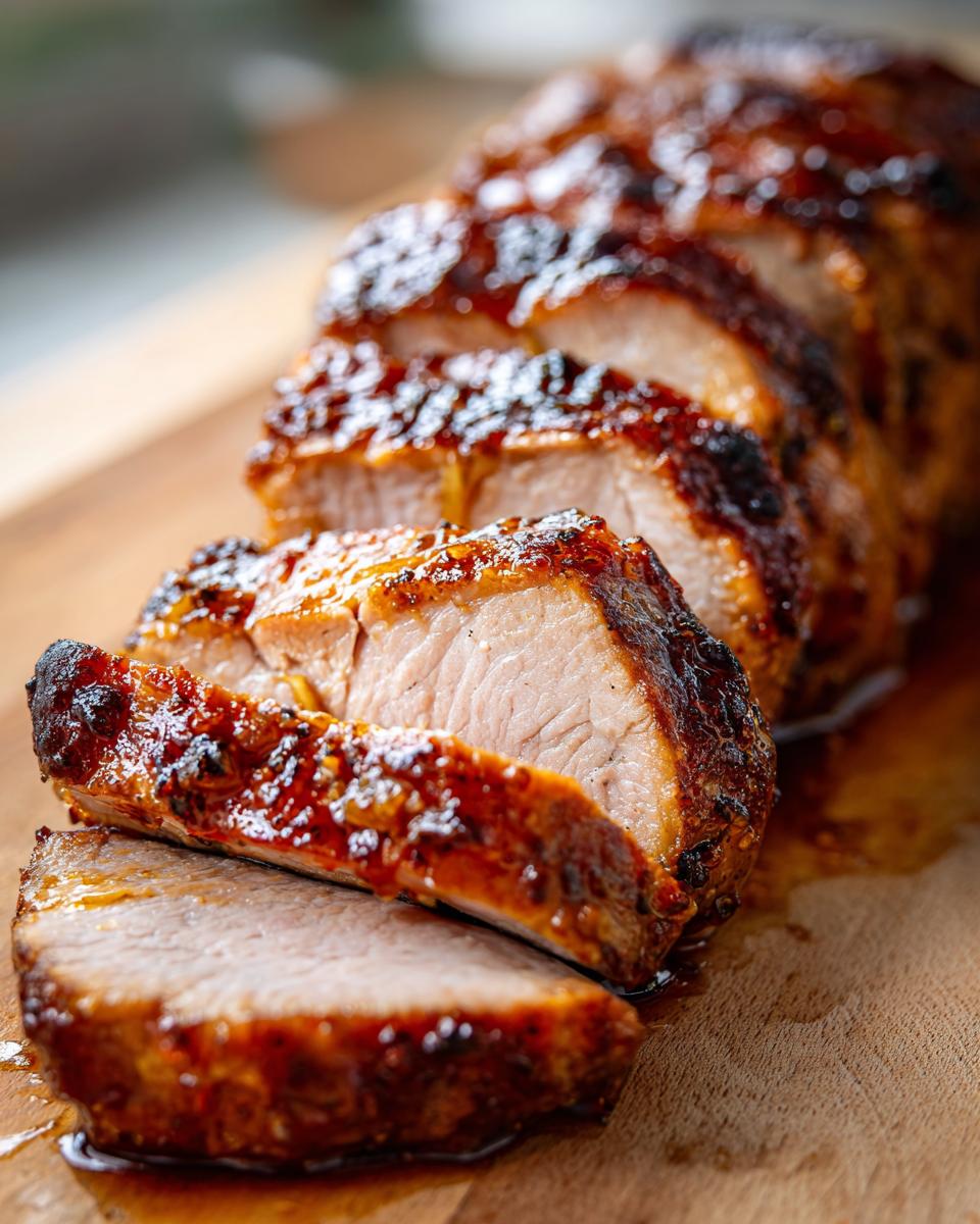 Close-up of sliced maple mustard pork tenderloin on a wooden cutting board, showing juicy interior and glazed exterior.