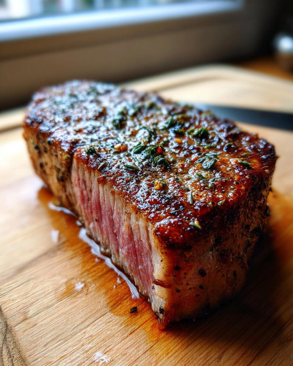 Close-up of a juicy tuna steak, perfectly cooked and seasoned with herbs, resting on a wooden cutting board.