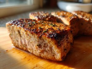 Close-up of a thick, seared tuna steak with a glistening marinade and herbs, ready to be served.