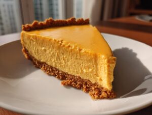 A perfect slice of no bake pumpkin cheesecake with a graham cracker crust on a white plate.